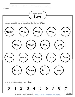 Dab or Color: Few Free Sight Words Individual Worksheet