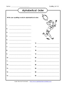 ABC Order: Write List (D-5) Spelling D Worksheet