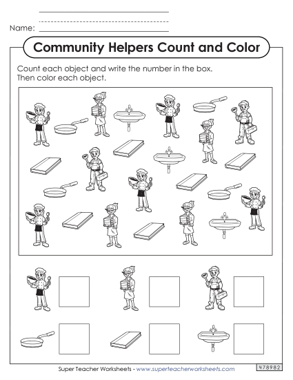 Count the Objects  (Chef, Librarian, Plumber) Community Helpers Worksheet