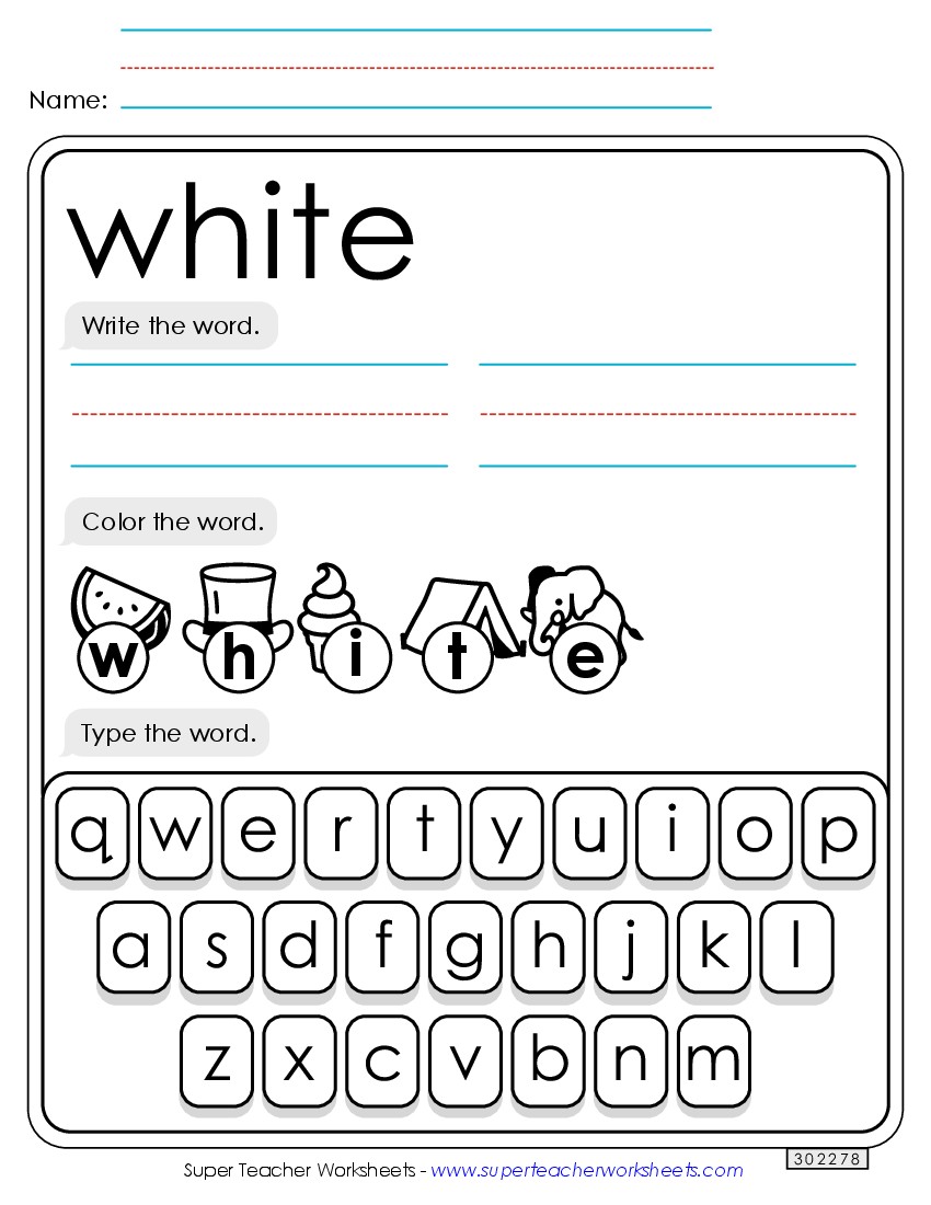 Write, Color, Type: White Sight Words Individual Worksheet