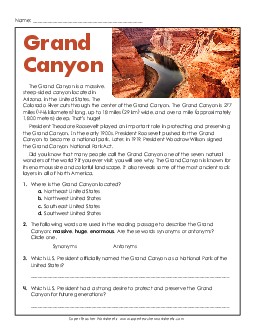 Grand Canyon (Short Passage) Reading Comprehension Reading Comp Short Worksheet