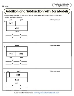 Addition Bar Models With Work Space Mixed Addition Subtraction Worksheet