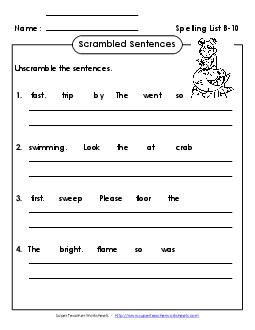 Scrambled Sentences (B-10) Free Spelling B Worksheet