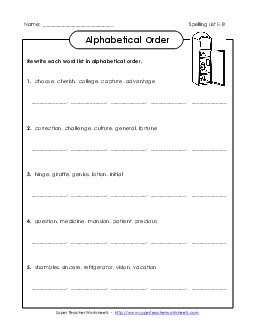 Alphabetical Order (E-8) Spelling E Worksheet