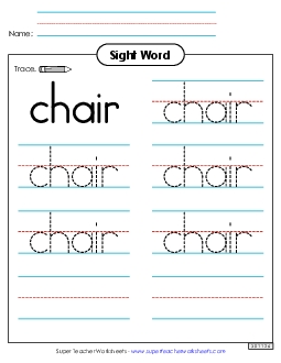 Trace the Word: Chair Sight Words Individual Worksheet