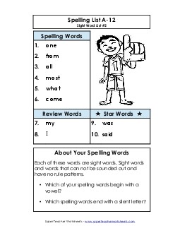 Spelling List A-12 Spelling A Worksheet