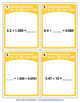 Dividing Decimals by 10, 100, and 1,000 Worksheet