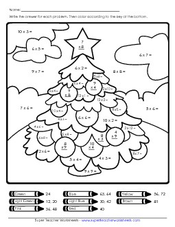 Basic Multiplication Math Picture: Tree Christmas Worksheet