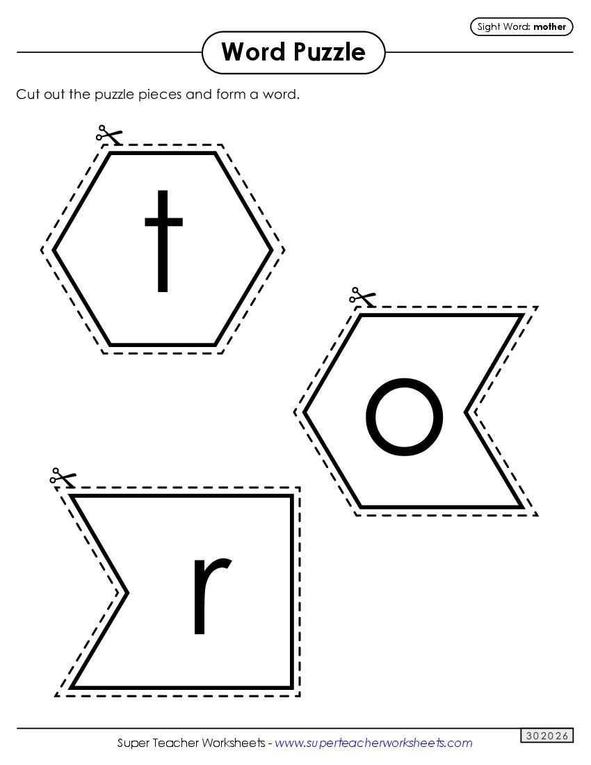 Word Puzzle: Mother Sight Words Individual Worksheet