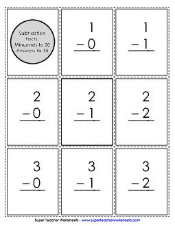 Subtraction Flashcards Minuends to 20; Answers to 10 Worksheet