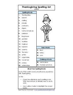 Thanksgiving Word List (D-Thanksgiving)  Spelling D Worksheet