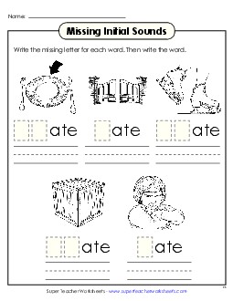 Missing Initial Sounds (-ate) Word Families Worksheet