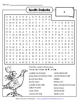 Word Search Puzzle States Individual Worksheet