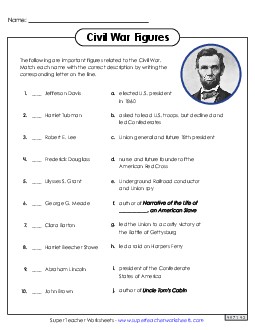 Historical Figures Matching 1 Civil War Worksheet