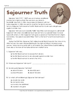 Sojourner Truth (Short Biography) 5th Grade Reading Comprehension Reading Comp Short Worksheet