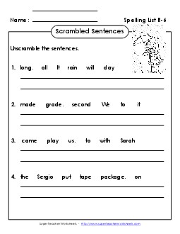 Scrambled Sentences (B-6) Spelling B Worksheet