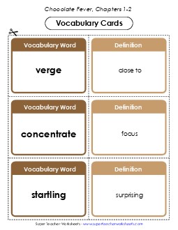 Vocabulary Cards for Chapters 1-2 Book Chocolate Fever Worksheet