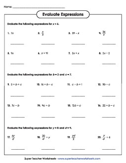 Evaluate Algebraic Expressions (Basic) Worksheet 1 Free Expressions Evaluate Worksheet