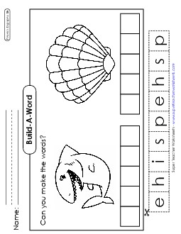 Build-a-Word #2: Shark and Shell Phonics Digraphs Worksheet