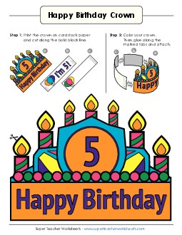 Birthday Crown: Age 5 (Full Color) Worksheet