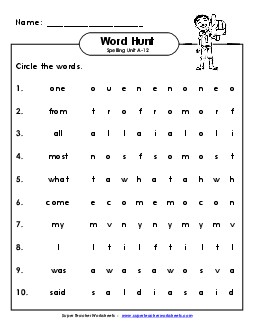 Horizontal Word Hunt (A-12) Spelling A Worksheet