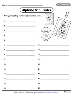 Alphabetical Order: Whole List (F-9) Spelling F Worksheet