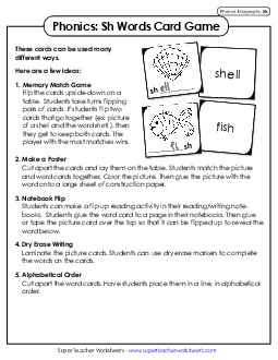 Phonics Card Game /sh/ Phonics Digraphs Worksheet