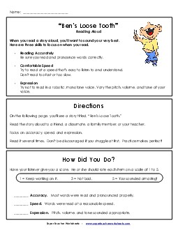 Read Aloud Practice: Ben\'s Loose Tooth Worksheet