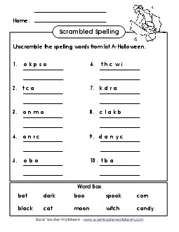 Unscramble (A-Halloween) Spelling A Worksheet