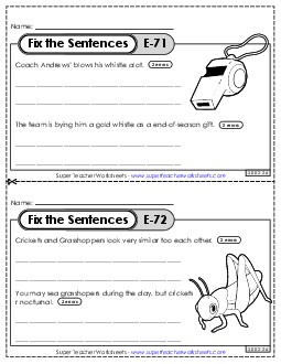 Fix the Sentences E-71 through E-75 Worksheet