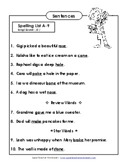 Spelling Test Sentences (A-9) Spelling A Worksheet