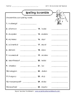 Word Scramble (E-14) Free Spelling E Worksheet