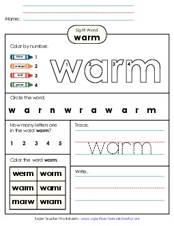 Worksheet 4: Warm Sight Words Individual Worksheet