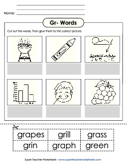 Cut and Glue (Gr- Words) Phonics Blends Worksheet