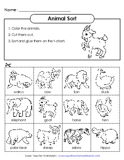 Animal Sort (Cut and Glue) Farm Worksheet