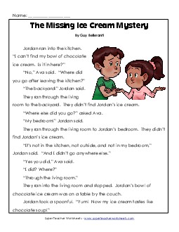 The Missing Ice Cream Mystery 1st Grade Reading Comprehension Worksheet