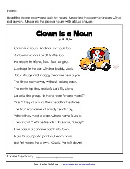 Clown is a Noun (Poem)  Nouns Worksheet