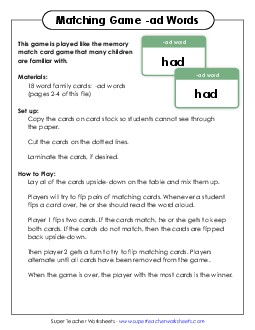 Memory Match Game (-ad) Word Families Worksheet