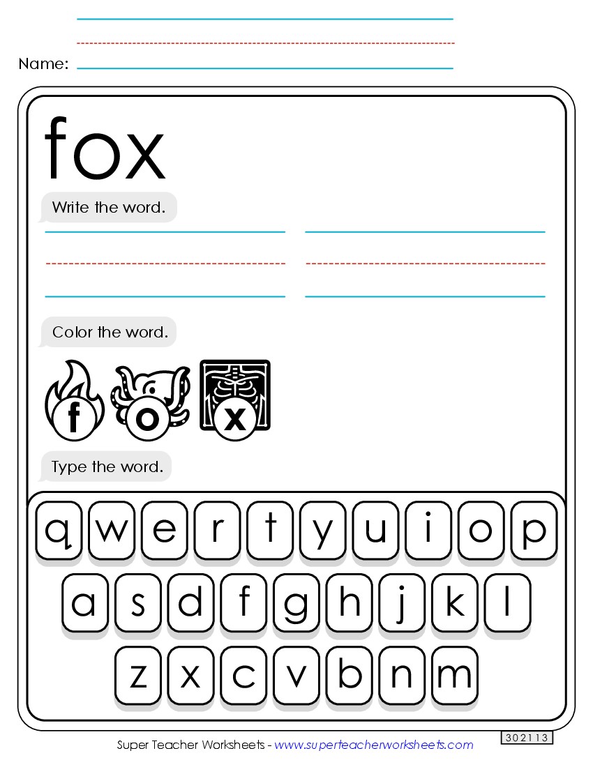 Write, Color, Type: Fox Sight Words Individual Worksheet