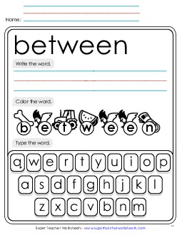 Write, Color, Type: Between Sight Words Individual Worksheet