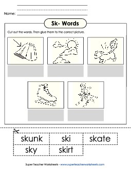 Cut-and-Glue (Sk- Words) Free Phonics Blends Worksheet