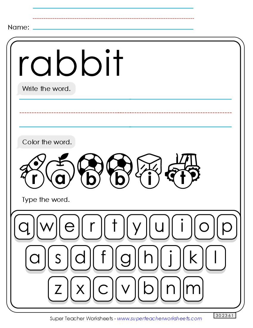 Write, Color, Type: Rabbit Sight Words Individual Worksheet