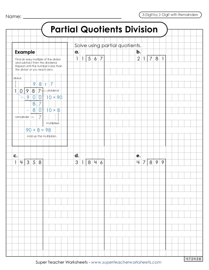 Partial Quotients (Graph Paper)  3-Digit by 2-Digit Division (with Remainders) Worksheet