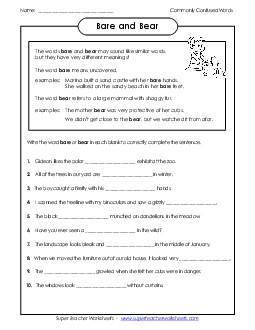 Bare and Bear  Commonly Confused Words Worksheet