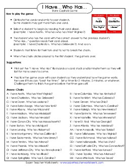 I Have... Who Has Game: State Capitals 4th Grade Social Studies Worksheet