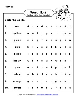 Horizontal Word Search (A-Color Words)  Spelling A Worksheet