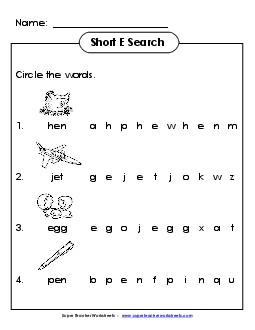 Short E: Horizontal Word Hunt 2 (Illustrated) Phonics Worksheet