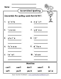 Word Unscramble (B-21) Spelling B Worksheet