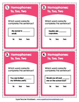 Task Cards: To, Too, Two Homophones Worksheet