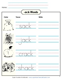 Trace and Write (-ack) Word Families Worksheet